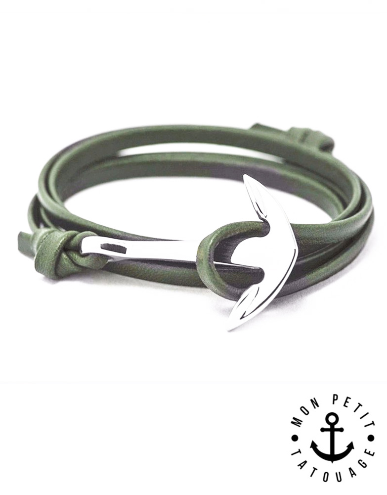 bracelet-ancre-marine-cuir-argent-kaki