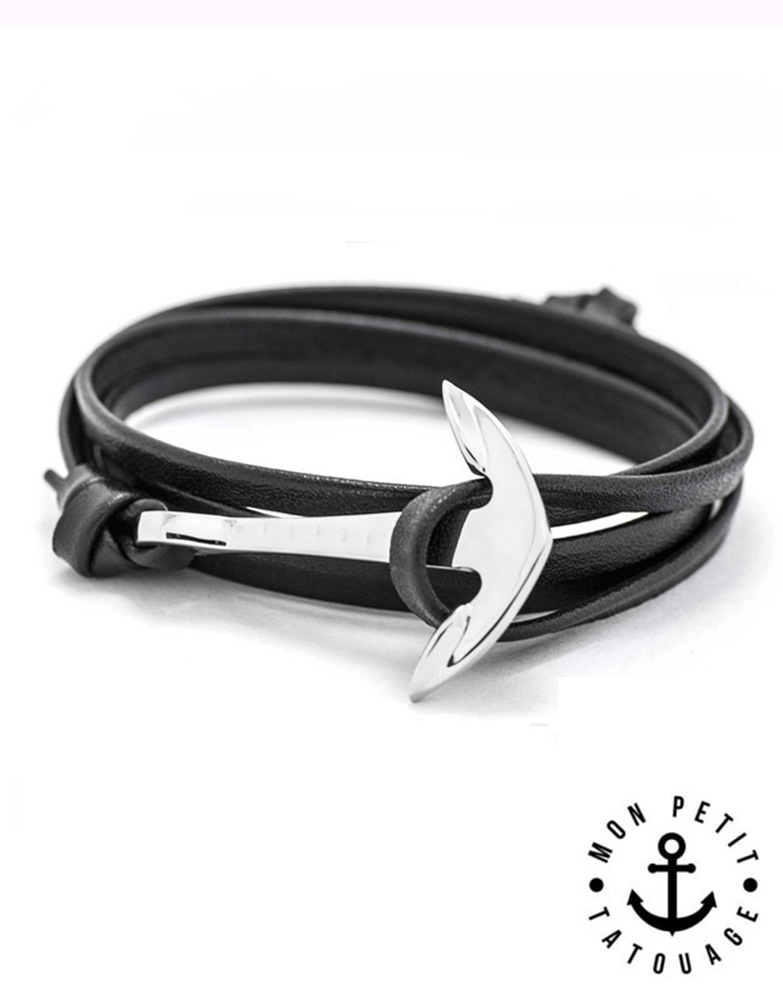 bracelet-ancre-marine-cuir-argent-noir