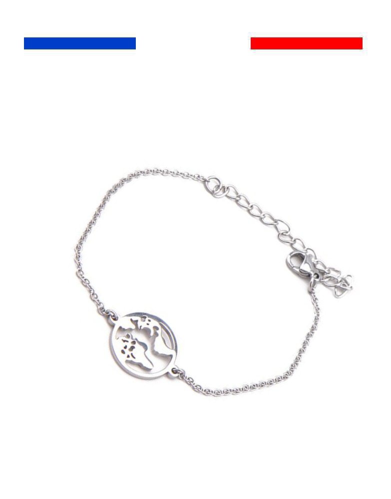Bracelet Carte Du Monde Femme Acier Inoxydable Argent Globe